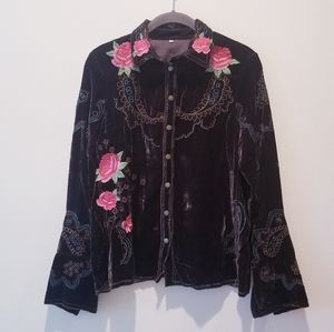 Velvet Embroidered Western Style Button Up